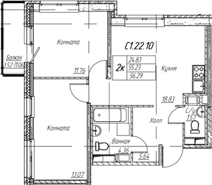 2-комнатная квартира 56.29 м², 22/22 эт., ЖК «Парк-квартал Юнтолово»